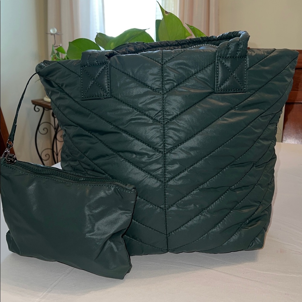 Dark Green Quilted Tote Bag with Pouch
